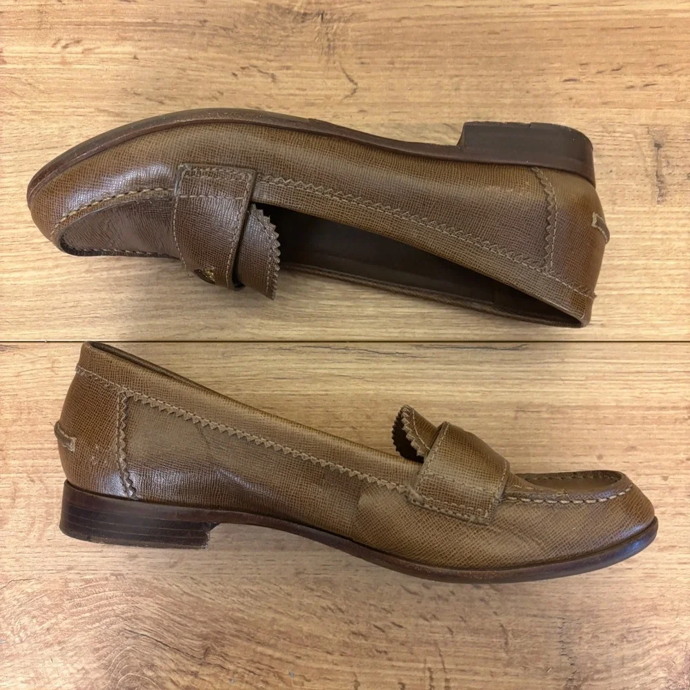 TORY BURCH Leather Penny Loafers Brown Women Size 8 Low Heel Casual Office
